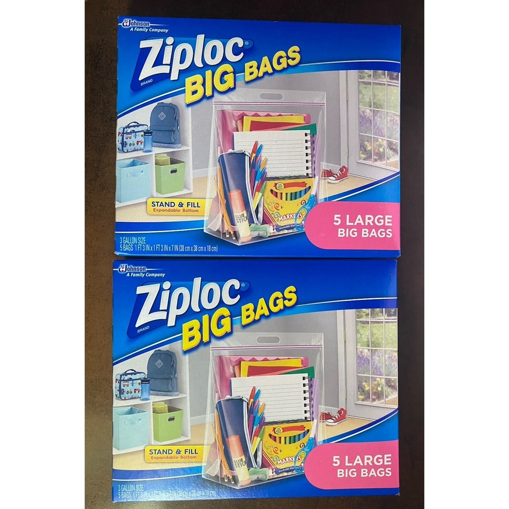 2X NEW Ziploc Big Bags 5 Count L Stand & Fill Bags Expandable Bottom 15" X 20"